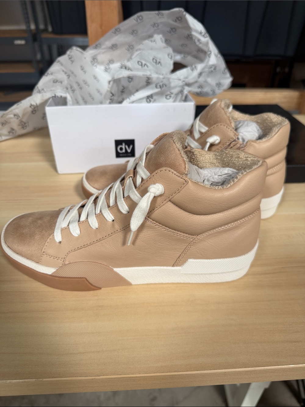DV by Dolce Vita Tan Leather High-Top Sneakers with Shearling Trim